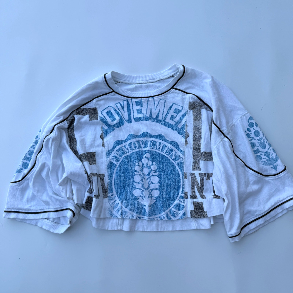 Free People FP Movement Split Time Logo Tee Women's Size S Ivory Blue Relaxed